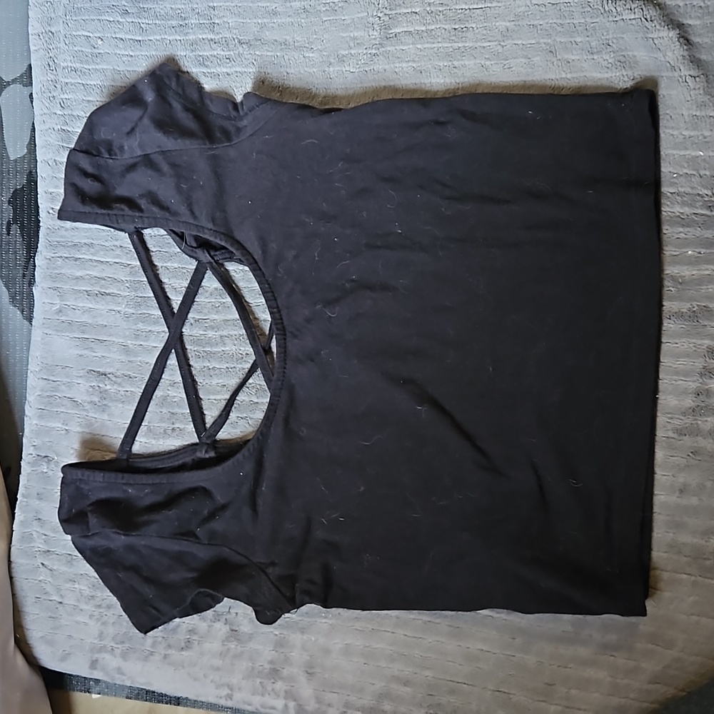 Strappy Criss Cross Open Back U-Shape Neckline Crop Top Short Cap Sleeve Like